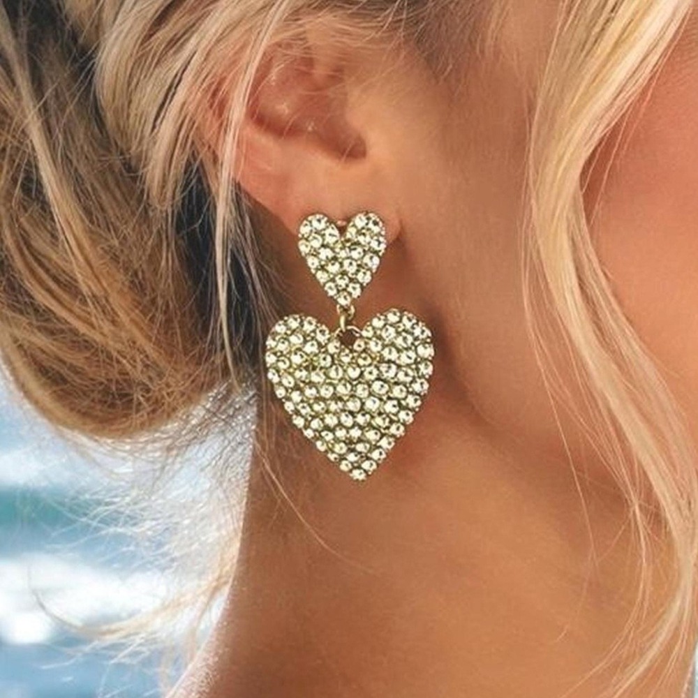 NEW Signed J.Crew Pave Heart Statement Earrings Rhinestone Gold Plated NWT 49.50